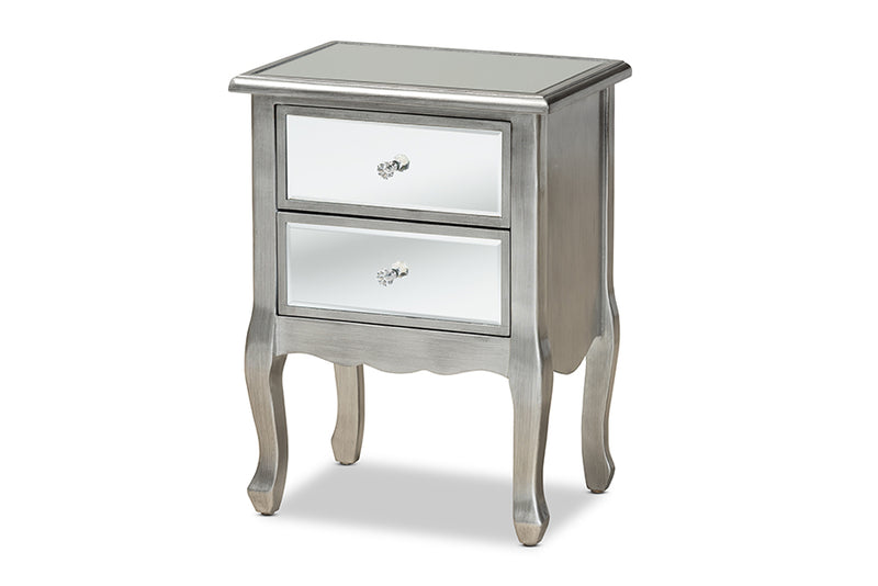 Jaclyn Modern Transitional French Brushed Silver Finished Wood and Mirrored Glass 2-Drawer End Table