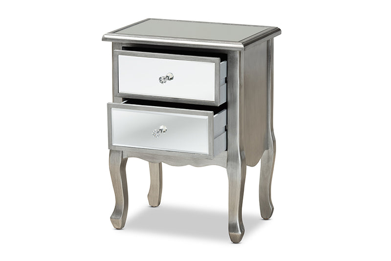 Jaclyn Modern Transitional French Brushed Silver Finished Wood and Mirrored Glass 2-Drawer End Table