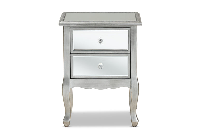 Jaclyn Modern Transitional French Brushed Silver Finished Wood and Mirrored Glass 2-Drawer End Table