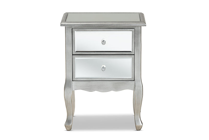 Jaclyn French Brushed Silver and Mirrored Glass 2-Drawer End Table Baxton