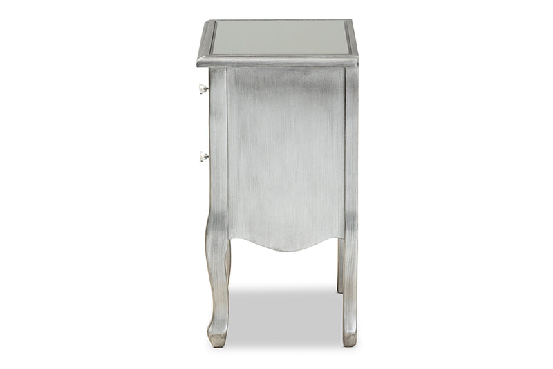 Jaclyn Modern Transitional French Brushed Silver Finished Wood and Mirrored Glass 2-Drawer End Table