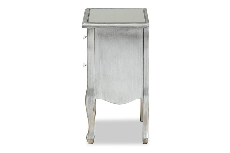 Jaclyn French Brushed Silver and Mirrored Glass 2-Drawer End Table Baxton