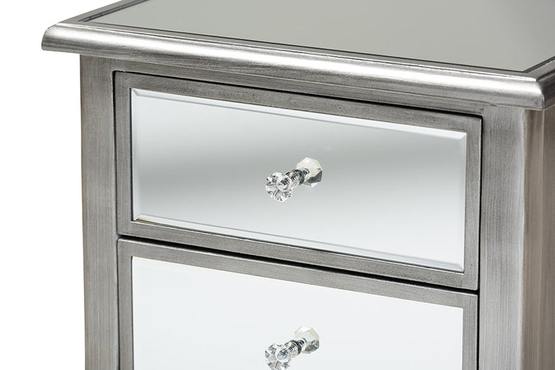Jaclyn French Brushed Silver and Mirrored Glass 2-Drawer End Table Baxton