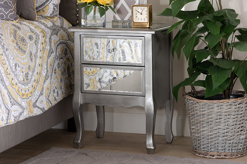 Jaclyn Modern Transitional French Brushed Silver Finished Wood and Mirrored Glass 2-Drawer End Table