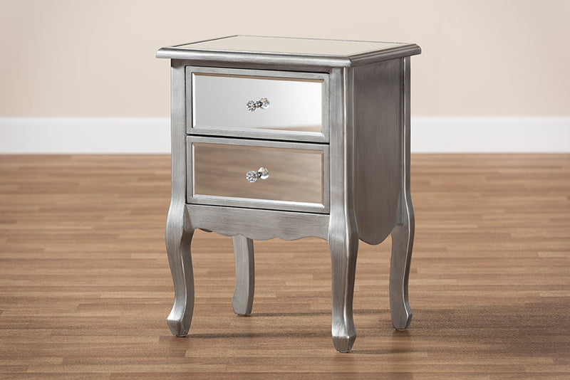 Jaclyn Modern Transitional French Brushed Silver Finished Wood and Mirrored Glass 2-Drawer End Table