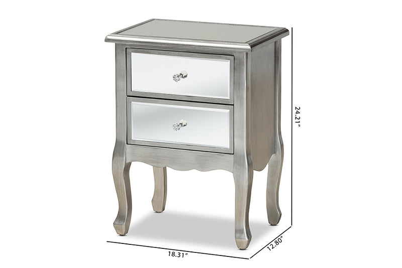 Jaclyn Modern Transitional French Brushed Silver Finished Wood and Mirrored Glass 2-Drawer End Table