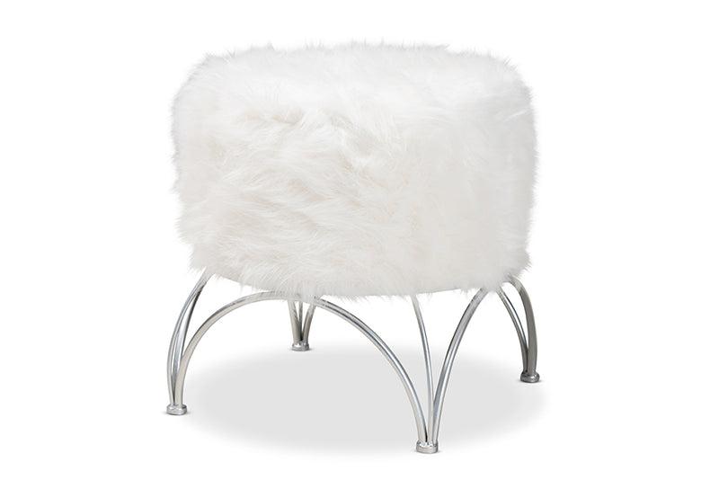 Overton Modern and Contemporary White Faux Fur Upholstered Silver Metal Ottoman