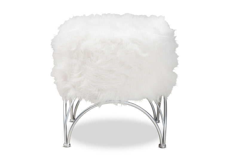 Overton Modern and Contemporary White Faux Fur Upholstered Silver Metal Ottoman