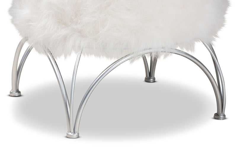 Overton Modern and Contemporary White Faux Fur Upholstered Silver Metal Ottoman