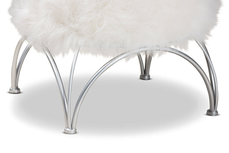 Overton White Faux Fur Upholstered Silver Metal Ottoman Baxton