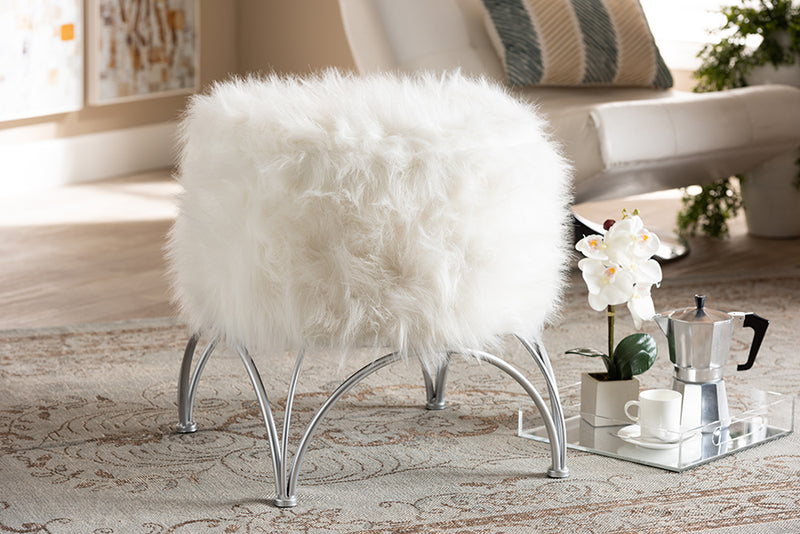 Overton Modern and Contemporary White Faux Fur Upholstered Silver Metal Ottoman