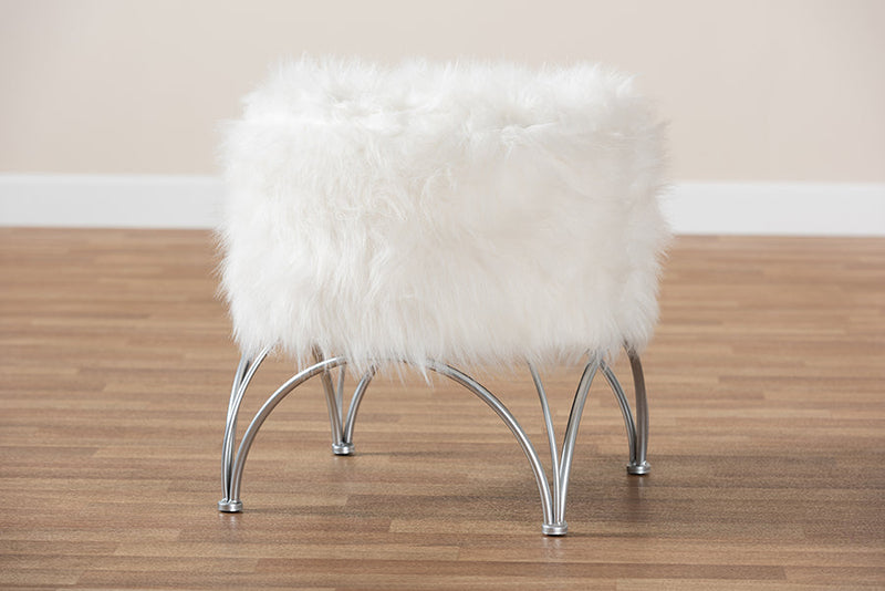 Overton White Faux Fur Upholstered Silver Metal Ottoman Baxton