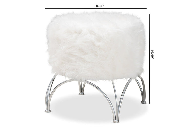 Overton White Faux Fur Upholstered Silver Metal Ottoman Baxton