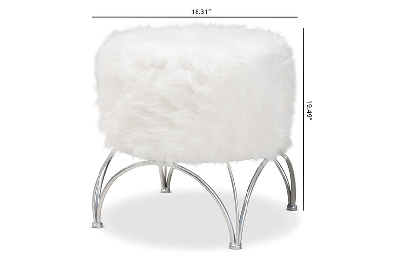 Overton Modern and Contemporary White Faux Fur Upholstered Silver Metal Ottoman