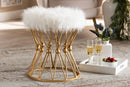 Jaclyn White Faux Fur Upholstered Gold Finished Metal Ottoman Baxton