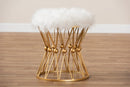 Jaclyn White Faux Fur Upholstered Gold Finished Metal Ottoman Baxton