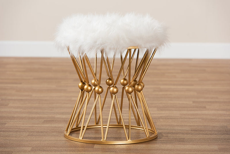 Jaclyn White Faux Fur Upholstered Gold Finished Metal Ottoman Baxton