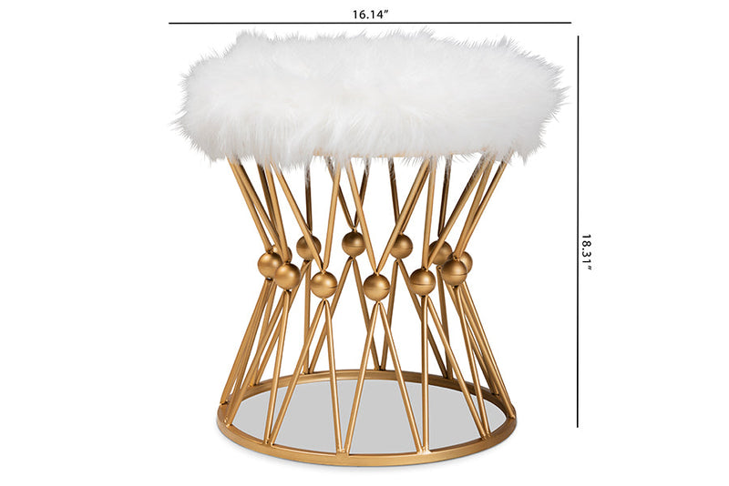 Jaclyn White Faux Fur Upholstered Gold Finished Metal Ottoman Baxton