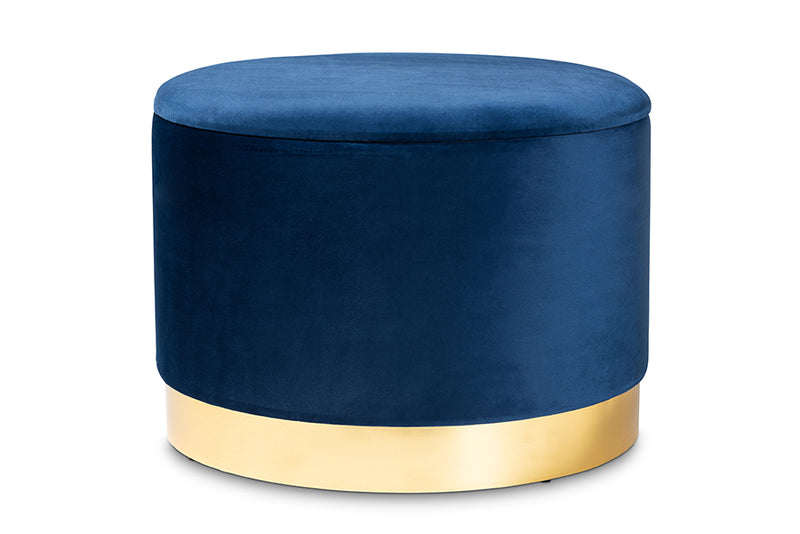 Alivia Glam and Luxe Navy Blue Velvet Fabric Upholstered Gold Finished Storage Ottoman