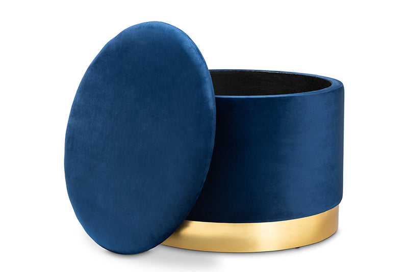 Alivia Glam and Luxe Navy Blue Velvet Fabric Upholstered Gold Finished Storage Ottoman