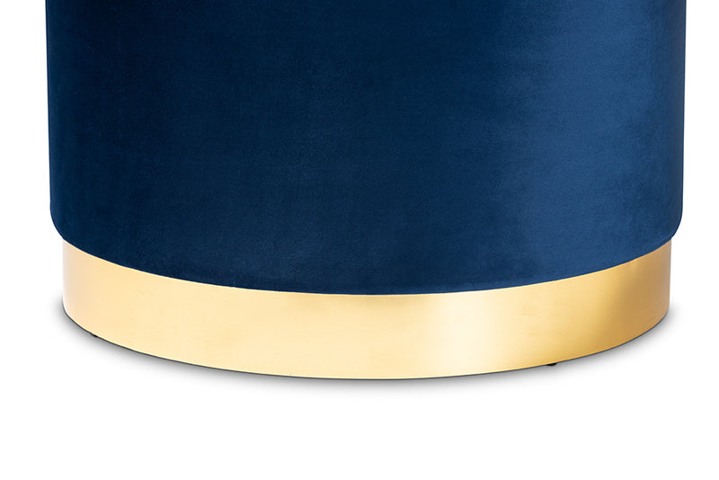 Alivia Glam and Luxe Navy Blue Velvet Fabric Upholstered Gold Finished Storage Ottoman