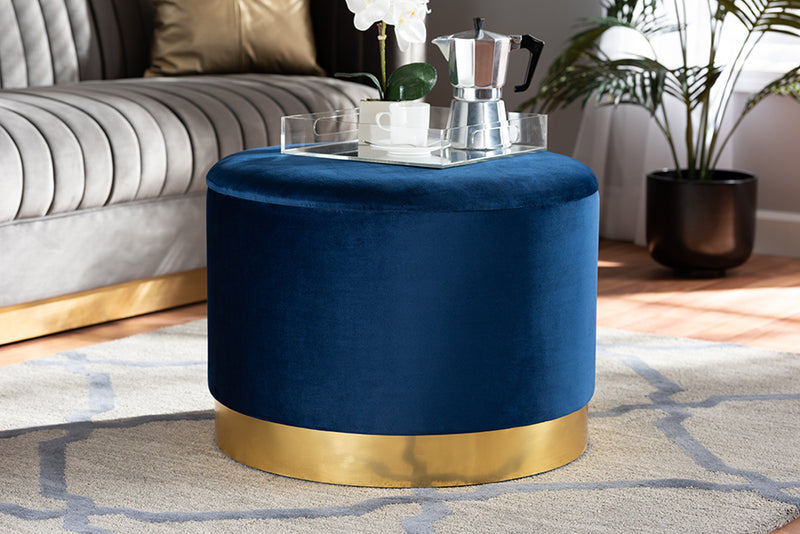 Alivia Glam and Luxe Navy Blue Velvet Fabric Upholstered Gold Finished Storage Ottoman