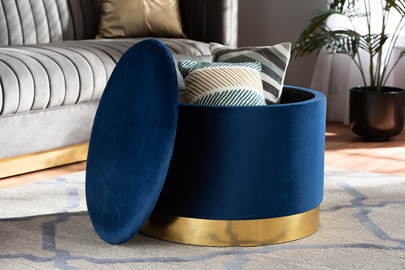 Alivia Glam and Luxe Navy Blue Velvet Fabric Upholstered Gold Finished Storage Ottoman