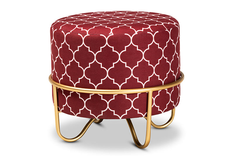 Nico Red Quatrefoil Velvet Fabric Upholstered Gold Finished Metal Ottoman Baxton