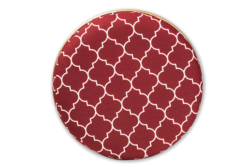 Nico Red Quatrefoil Velvet Fabric Upholstered Gold Finished Metal Ottoman Baxton