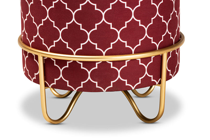 Nico Red Quatrefoil Velvet Fabric Upholstered Gold Finished Metal Ottoman Baxton