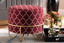 Nico Red Quatrefoil Velvet Fabric Upholstered Gold Finished Metal Ottoman Baxton