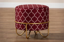 Nico Red Quatrefoil Velvet Fabric Upholstered Gold Finished Metal Ottoman Baxton