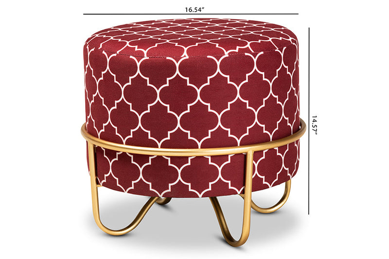 Nico Red Quatrefoil Velvet Fabric Upholstered Gold Finished Metal Ottoman Baxton