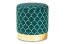 Savina Teal Green Quatrefoil Velvet Fabric Gold Finished Metal Storage Ottoman Baxton