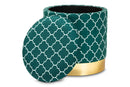 Savina Teal Green Quatrefoil Velvet Fabric Gold Finished Metal Storage Ottoman Baxton