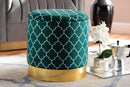 Savina Teal Green Quatrefoil Velvet Fabric Gold Finished Metal Storage Ottoman Baxton