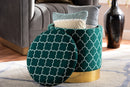 Savina Teal Green Quatrefoil Velvet Fabric Gold Finished Metal Storage Ottoman Baxton