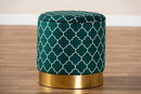 Savina Teal Green Quatrefoil Velvet Fabric Gold Finished Metal Storage Ottoman Baxton