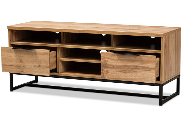 Edel Modern and Contemporary Industrial Oak Finished Wood and Black Metal 2-Drawer TV Stand