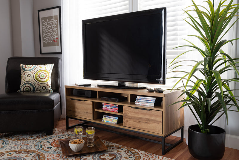 Edel Modern and Contemporary Industrial Oak Finished Wood and Black Metal 2-Drawer TV Stand