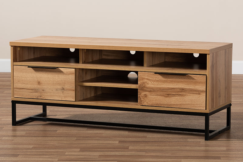 Edel Modern and Contemporary Industrial Oak Finished Wood and Black Metal 2-Drawer TV Stand