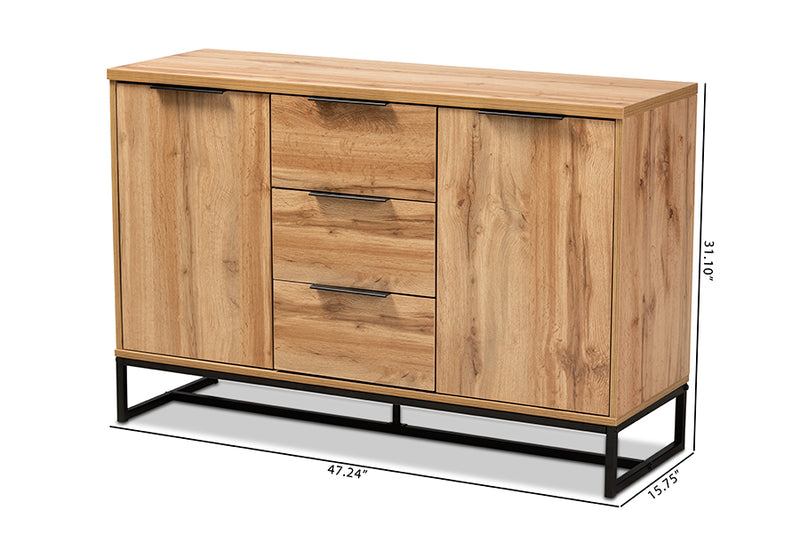 Edel Modern and Contemporary Industrial Oak Finished Wood and Black Metal 3-Drawer Sideboard Buffet