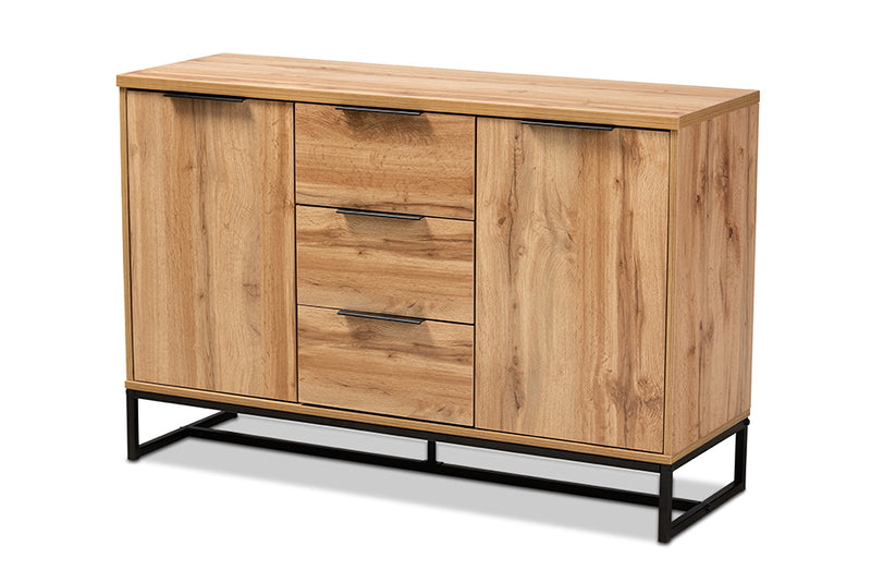 Edel Modern and Contemporary Industrial Oak Finished Wood and Black Metal 3-Drawer Sideboard Buffet