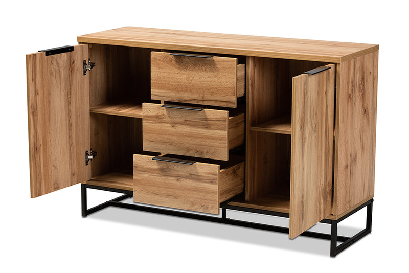 Edel Modern and Contemporary Industrial Oak Finished Wood and Black Metal 3-Drawer Sideboard Buffet