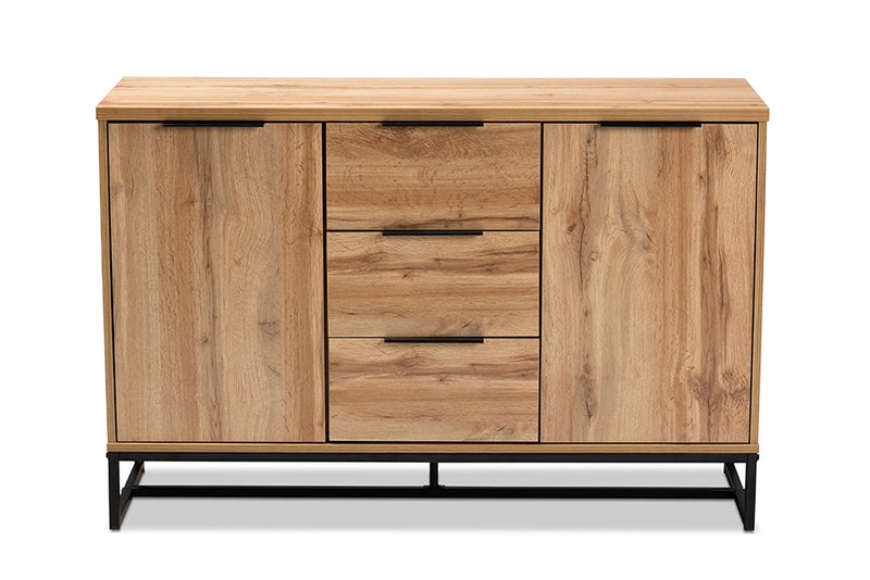 Edel Modern and Contemporary Industrial Oak Finished Wood and Black Metal 3-Drawer Sideboard Buffet