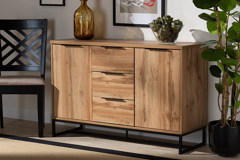 Edel Modern and Contemporary Industrial Oak Finished Wood and Black Metal 3-Drawer Sideboard Buffet