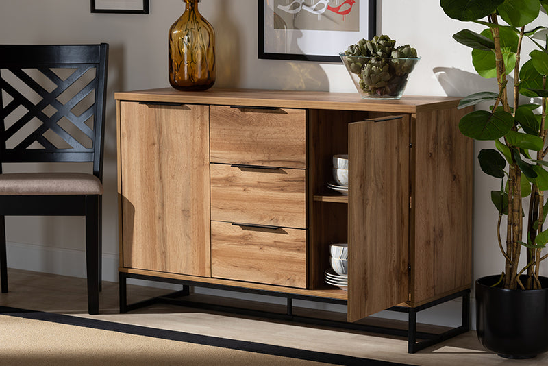 Edel Modern and Contemporary Industrial Oak Finished Wood and Black Metal 3-Drawer Sideboard Buffet