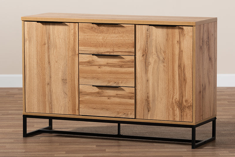 Edel Modern and Contemporary Industrial Oak Finished Wood and Black Metal 3-Drawer Sideboard Buffet