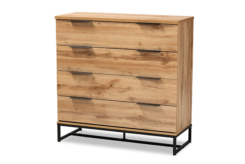 Edel Modern and Contemporary Industrial Oak Finished Wood and Black Metal 4-Drawer Dresser