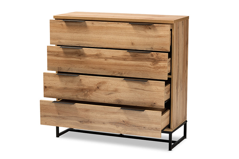 Edel Modern and Contemporary Industrial Oak Finished Wood and Black Metal 4-Drawer Dresser